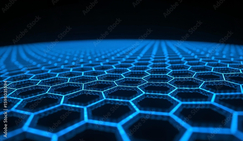 Wall mural hexagonal grid pattern with blue illumination on dark background