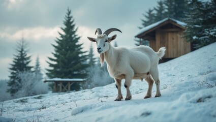 Naklejka premium A goat standing on snowy ground with trees and a wooden cabin in the background.