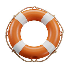 3D Illustration of Orange and White Lifebuoy With Rope on Transparent Background