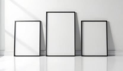 Three blank picture frames of varying sizes aligned against a white wall with shadows cast by sunlight.
