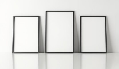 Three blank picture frames of varying sizes arranged against a white wall.