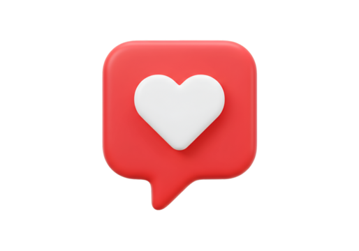 3D Red Heart Icon in Speech Bubble on Transparent Background