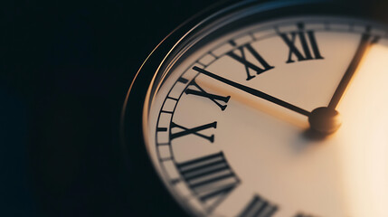 Close-up of an antique clock face with Roman numerals and elegant hands, symbolizing the passage of time and timeless design.
