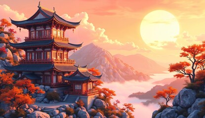 Traditional Asian Pagoda Amidst Misty Mountains at Sunset
