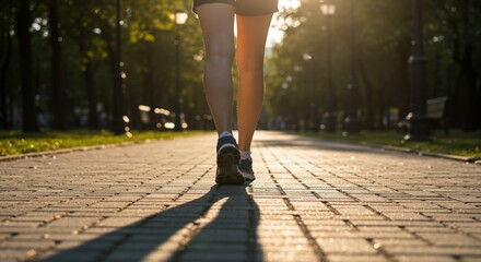 Woman walking on brick path in park at sunset for healthy lifestyle and outdoor recreation