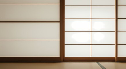 Interior design of a modern Japanese home showcasing a wooden window frame with glass and wooden shutters, a wooden floor, and a brown wooden sliding door against a paper wall, all bathed in natural l