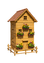 3D Illustration of Wooden House with Flowers Isolated