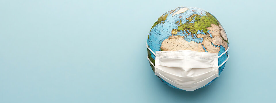World globe wearing a protective face mask against a blue background. Protection from infection and global health concept for pandemic. - Powered by Adobe