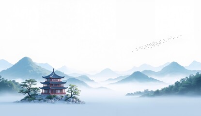 Traditional Pavilion on a Misty Island Surrounded by Mountains