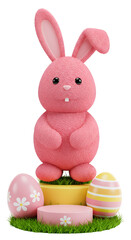 3D Illustration Pink Easter Bunny With Decorated Eggs On Grass Patch