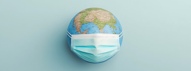 Globe with a protective face mask: A visual metaphor for global health concerns and the importance of safety measures during a pandemic. Stay vigilant!
