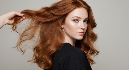 Woman with long copper hair hairstyle fashion and beauty portrait