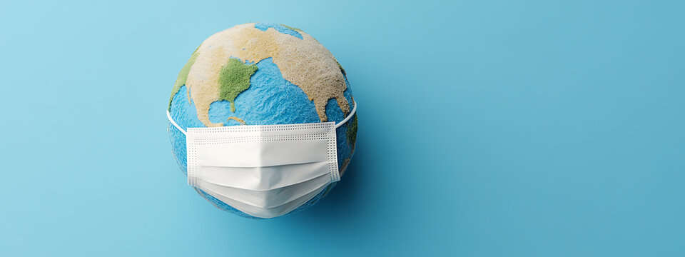 Earth with a Face Mask: A globe wearing a white face mask symbolizes the global pandemic and the need for protection and awareness.
