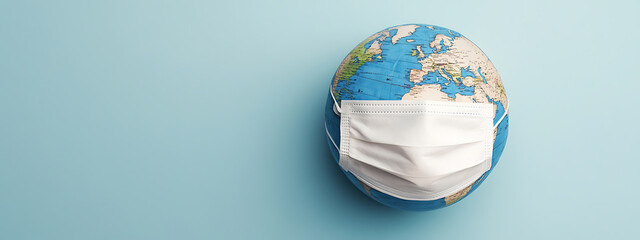 Globe wearing a protective face mask. Illustrates global health concerns and preventative measures. Symbol of world safety during health emergencies.