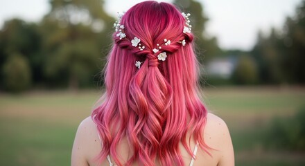 Woman with pink hair and floral braid hairstyle in soft outdoor setting