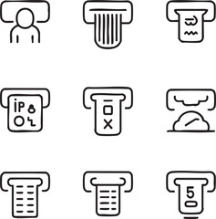 Atm icon set hand drawn style,outline icons withdrawal,receipt,error,ip address,cloud service,balance,card,money,machine,cash
