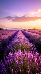 Naklejka premium Vast Lavender Fields Under a Sunset Sky Rows of Purple Blooms Stretch to the Horizon, Capturing Tranquility and Natural Beauty During Golden Hour.