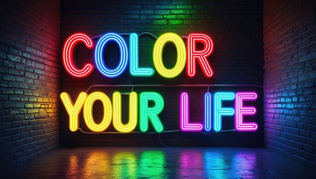 Color your life with neon lights on a brick wall, vibrant and colorful, inspiring positivity and creativity.