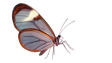 A beautiful, detailed illustration of a butterfly with translucent, iridescent wings and intricate body details, presented isolated on a transparent background.