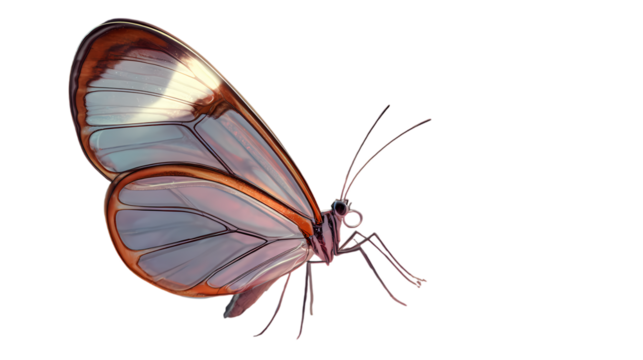 A beautiful, detailed illustration of a butterfly with translucent, iridescent wings and intricate body details, presented isolated on a transparent background.