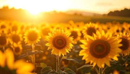 Obraz premium Golden Hour over Sunflower Field Capturing the Warmth and Beauty of Nature's Canvas
