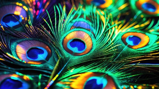 Vibrant peacock feathers displaying vivid colors and eye patterns. Animal plumage with iridescent shades and intricate details. Nature's colorful feather display.