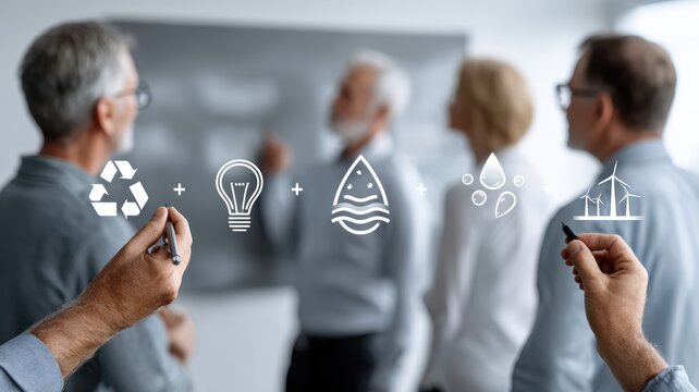 eco business tax strategy. Discussion on sustainability with icons representing recycling, energy, and water resources.