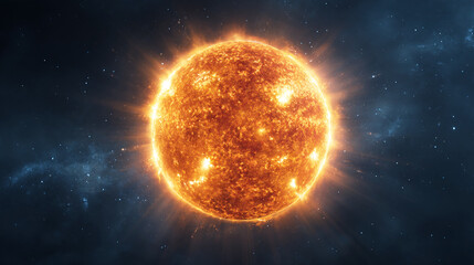 Obraz premium Realistic depiction of an animated illustration showing the sun in space with its surface glowing and radiating light, surrounded by stars. The background is dark blue.
