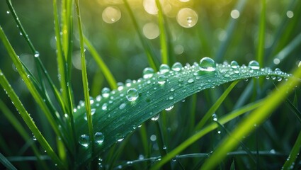 Naklejka premium Close-up of green grass with water droplets on a blade, with a blurred background. Nature, dew, and freshness concept. The scene of morning dampness on grass blades.