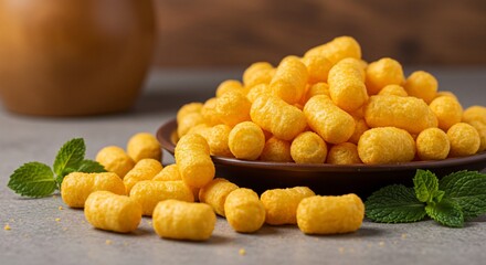 Yellow corn puffs with fresh mint on a plate snack still life