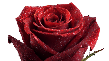 Close up of a deep red rose covered in water droplets isolated on transparent background