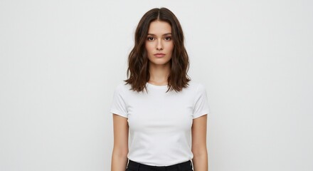 Young adult woman portrait wearing white t shirt against white background