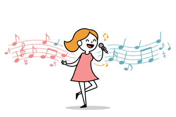 Cartoon woman singing with musical notes in pink and blue, vector illustration art style
