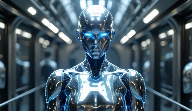 Futuristic humanoid robot with glowing blue eyes standing in a metallic corridor
