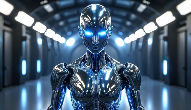 Futuristic humanoid robot with glowing blue eyes standing in a sleek, modern corridor