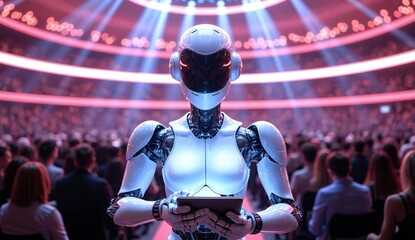 Robot holding a tablet in a futuristic arena with an audience