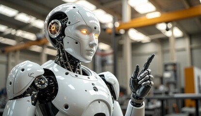 Advanced humanoid robot with glowing eyes in an industrial setting