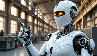 Naklejka premium Advanced humanoid robot in an industrial setting, gesturing with its hand.