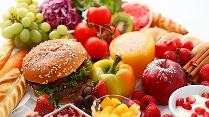 Obraz premium Healthy foods like fruits and vegetables are contrasted against 'bad' foods such as fast food, sweets and pastry. It represents the conflicts a diet and detox lifestyle.