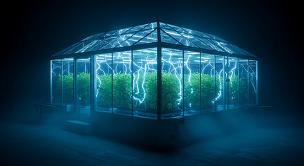Futuristic hydroponic greenhouse illuminated by electric blue light, showcasing plants.