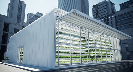 Modern urban vertical farm building showcasing innovative indoor agriculture technology.