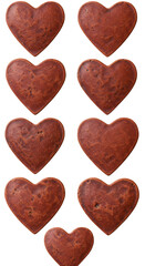 Fototapeta premium 3D Render Illustration: Vertical Arrangement Of Nine Brown Heart Shaped Cookies On Isolated Transparent Background