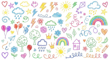 Collection of colorful hand drawn doodle elements including weather, nature and celebration icons isolated on transparent background