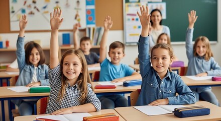 Enthusiastic elementary school students eagerly raise their hands in class, participating actively in a lesson with their teacher.