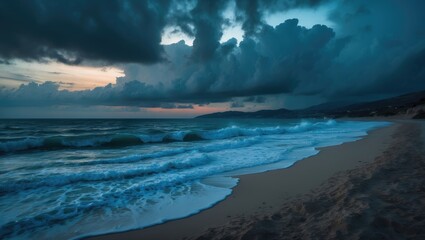 A stormy beach scene with dark clouds over the ocean, waves crashing onto the shore, and a moody sky with a hint of sunset lighting.