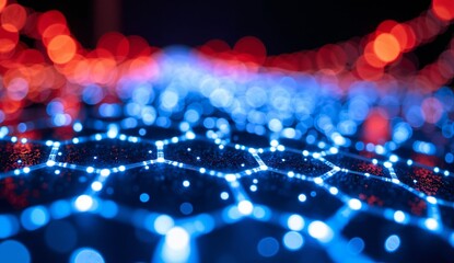 Hexagonal Grid with Illuminated Nodes and Blurred Background Lights