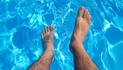 Man feet dipping into clear blue swimming pool. Summer vacation.
