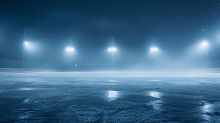 Icy floor and frosty mist. Snowy backdrop. An empty skating rink lit up by spotlights.