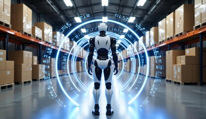 Robot in a Warehouse with Futuristic Interface