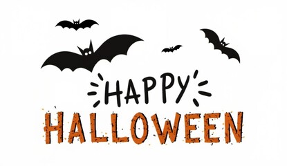 Happy Halloween text with flying bats on a white background